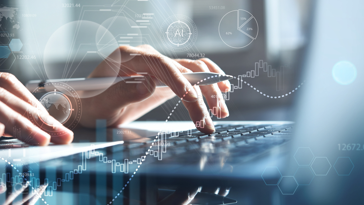 restitution claims A close-up of a person's hands typing on a laptop keyboard. Digital graphs, numbers, and technology-related icons overlay the image, suggesting data analysis or tech workflows. The setting appears modern and focused on productivity.